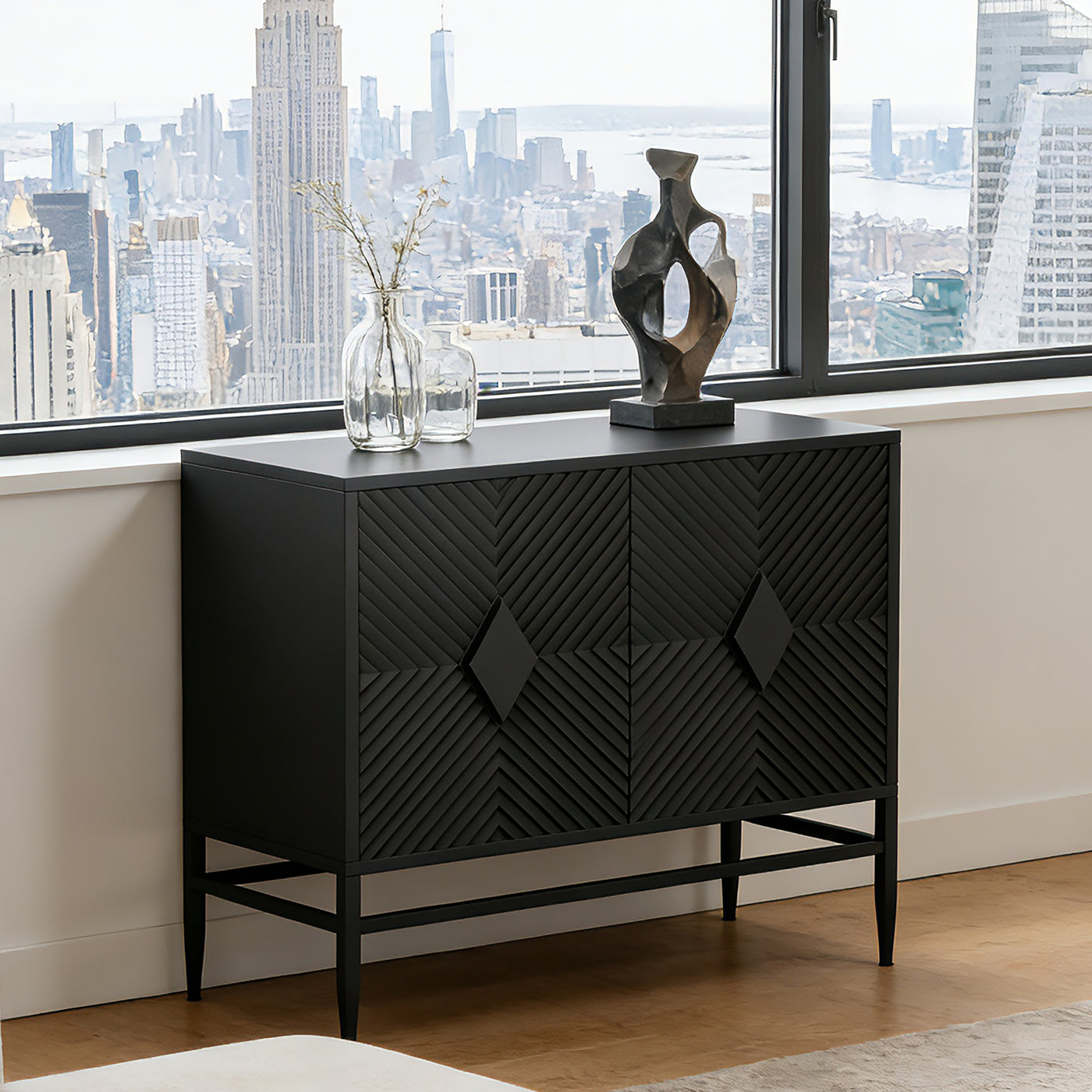 Modern 2 Door Wooden Storage Cabinet Metal Legs 31.5