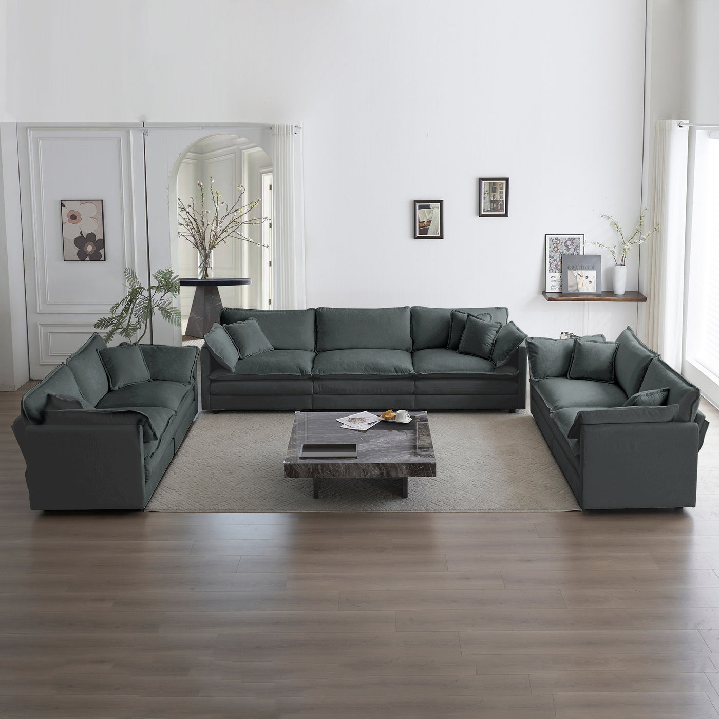 3 Piece Gray Chenille Sofa Set - Deep Seat, Oversized Living Room