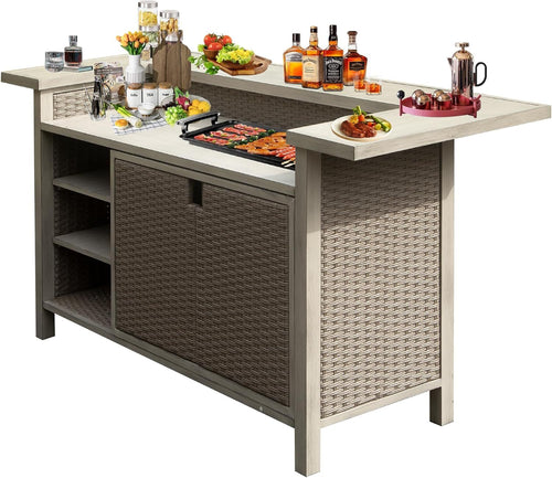 Outdoor Aluminum PE Wicker Bar Cart with Storage Cabinet