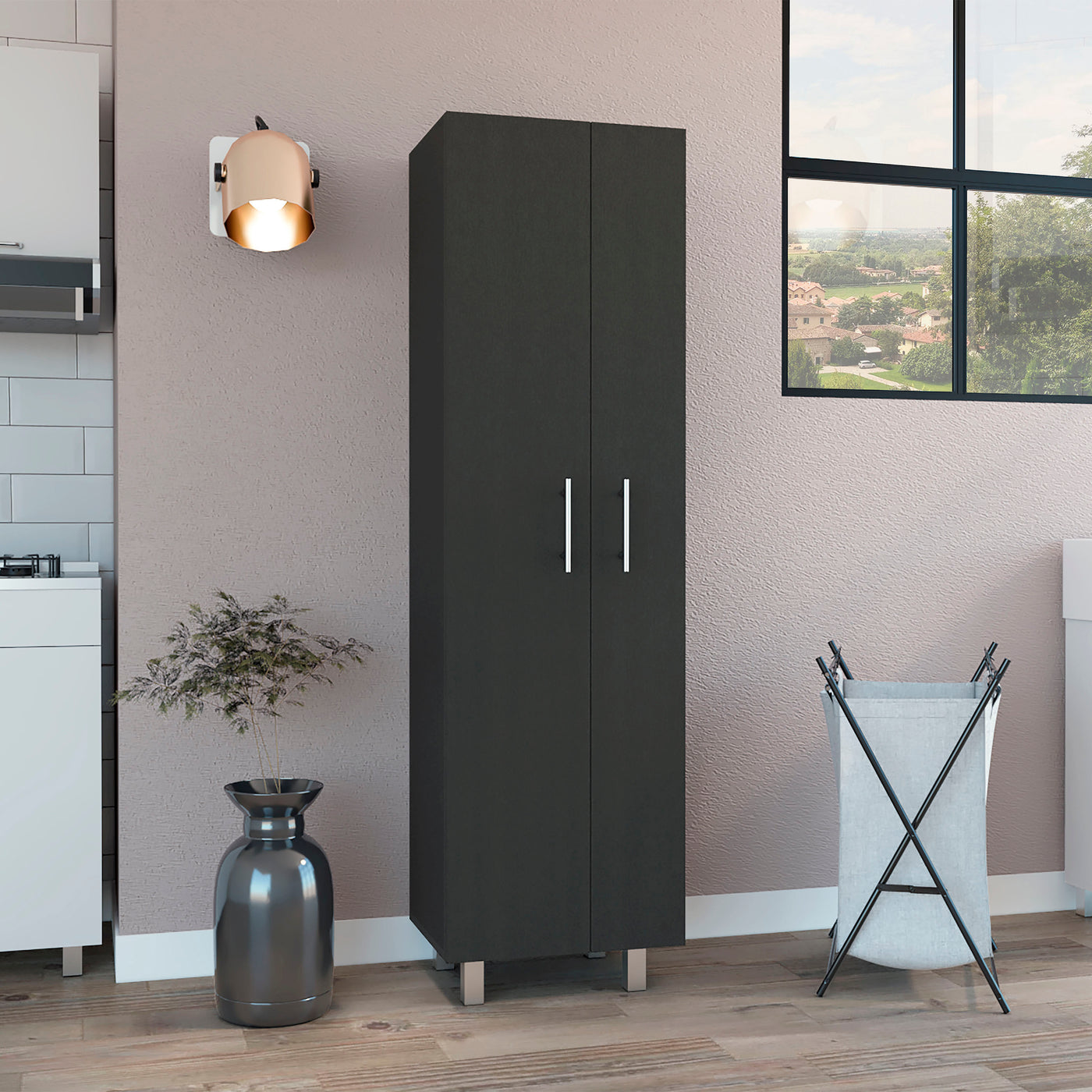Nala Double Door Cleaning Cabinet Five Shelves Black White