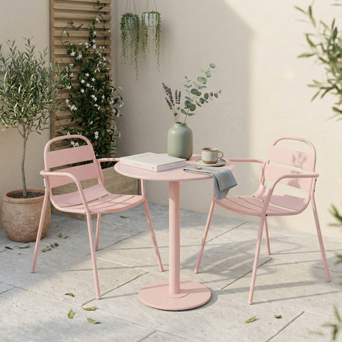 Outdoor Bistro Set Iron Matte Light Pink 3 Piece Open Slat Chairs