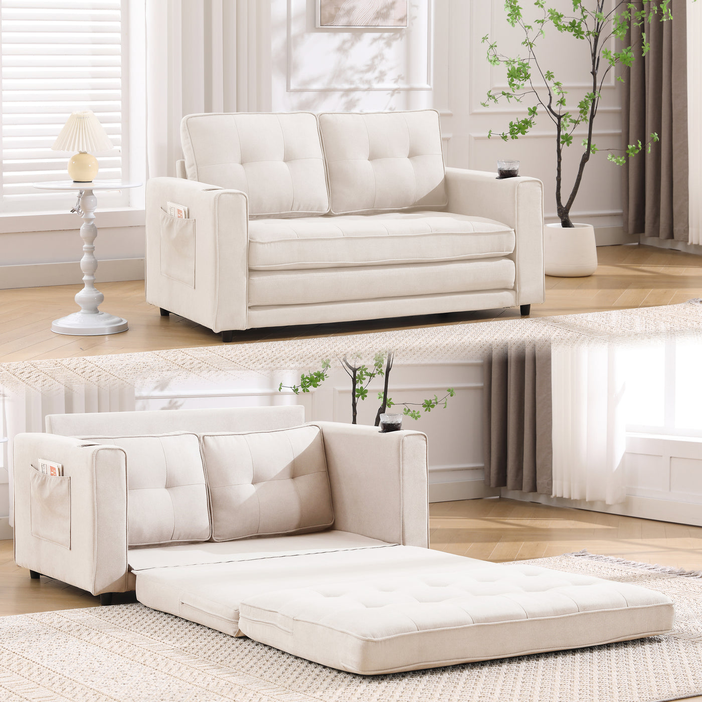 Sofa Bed Futon Tufted 3-in-1 Beige Pull-Out Sleeper Cup Holders 55 In