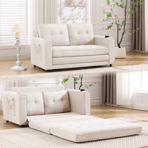 Sofa Bed Futon Tufted 3-in-1 Beige Pull-Out Sleeper Cup Holders 55 In