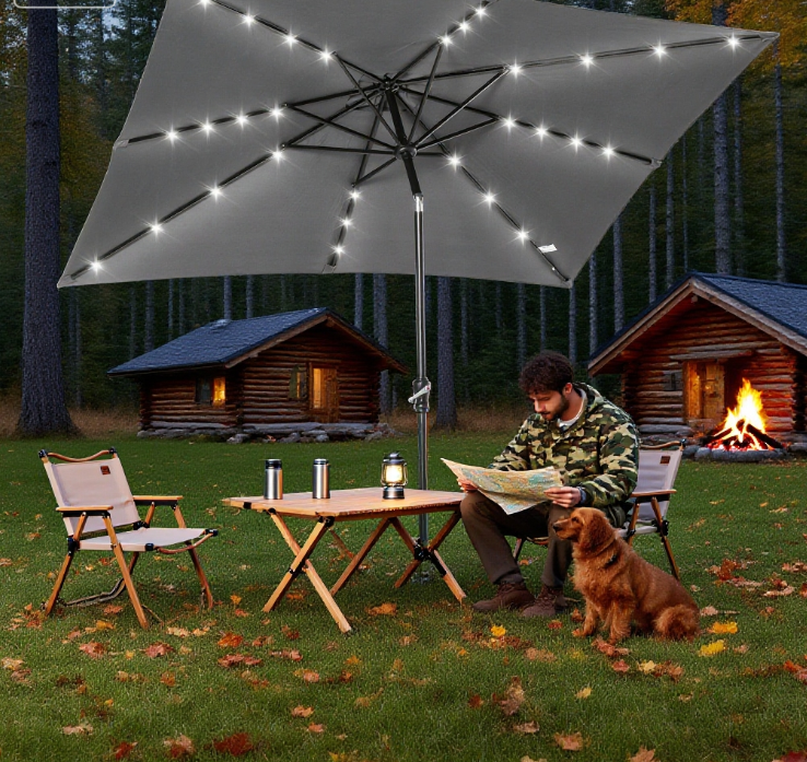 Patio Umbrella Round Solar LED Dark Gray Tiltable 45 Degree Crank