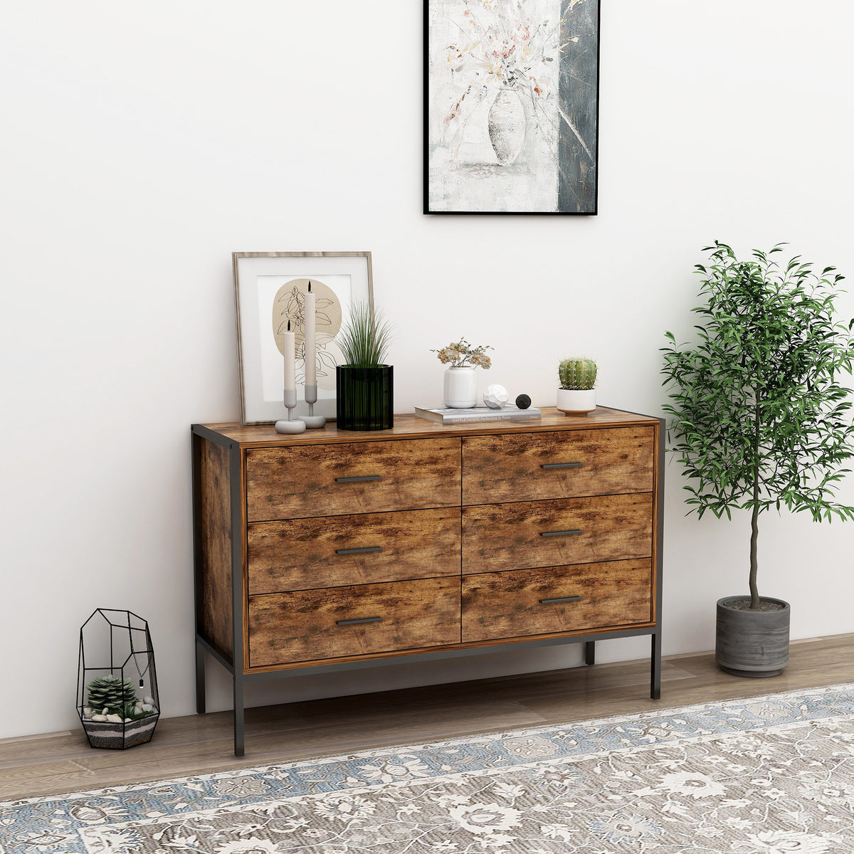 Industrial Style 6 Drawer Double Dresser,Rustic Brown Wood Storage Dresser Cloth