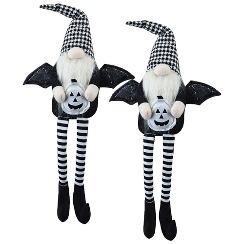 Fabric Sitting Black Gnome With Wings Plaid Hat Halloween Decor 2 Pack
