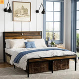 Bed Frame Queen LED Headboard Antique Brown USB Ports Storage