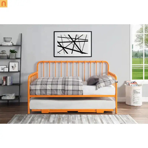 Bed Frame Classic Metal Orange Twin Lift-Up Trundle 78.5in Long