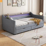 Bed Frame Daybed Twin Linen Light Gray 16-Color LED USB Storage