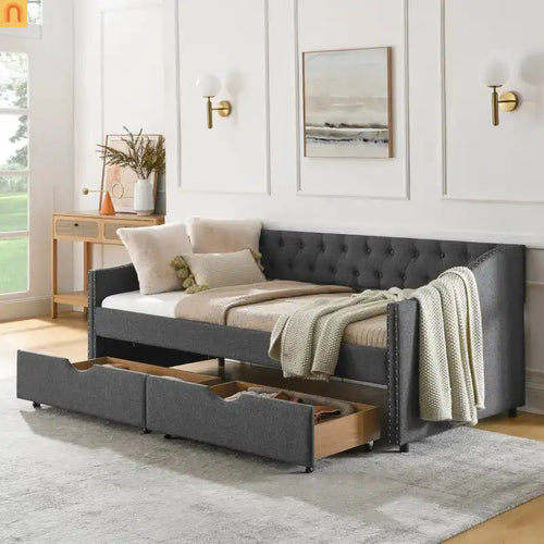 Daybed Twin Linen Dark Gray Button Tufted Drawers 500 lb