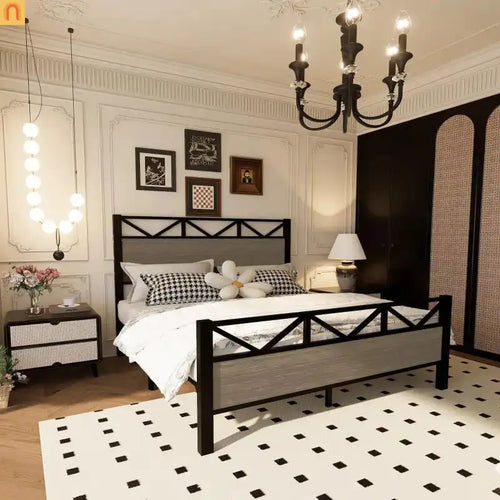 Full Size Industrial Wood Bed Frame Metal Headboard Brown