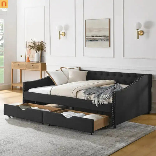 Chaise Lounge Daybed Linen Black Full Button Tufted Drawers 500 lb