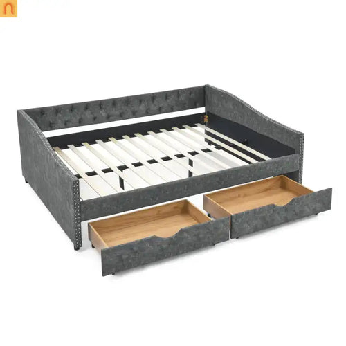 Bed Frame Daybed Linen Gray Queen Tufted Storage Drawers 500 lb