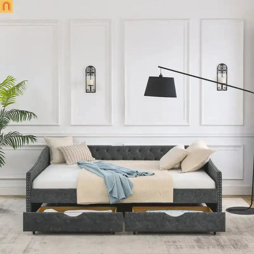 Bed Frame Daybed Linen Gray Queen Tufted Storage Drawers 500 lb