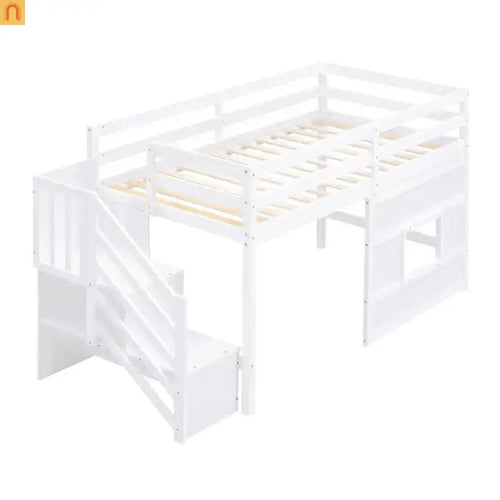 Bed Frame Loft Twin Pine White Storage Staircase LED Window