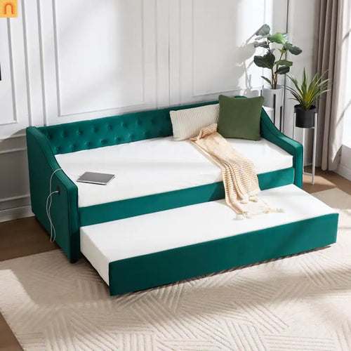Twin Daybed Velvet Emerald Button Tufted USB Side Pockets