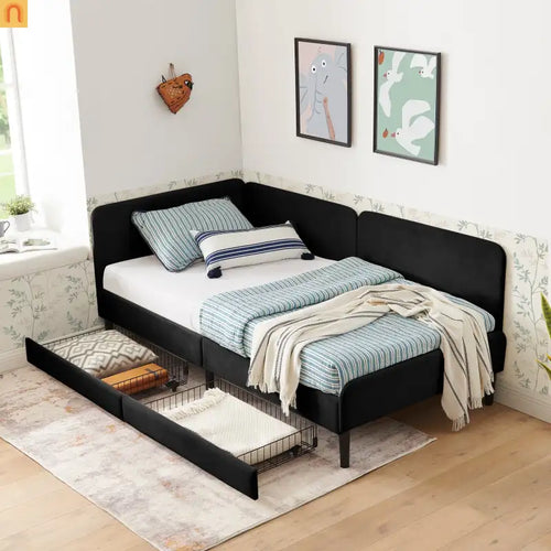 Bed Frame Daybed Platform Velvet Black Twin 2 Drawers 300 lb