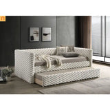 Daybed Twin with Trundle Roller Slat White Polyester Fabric