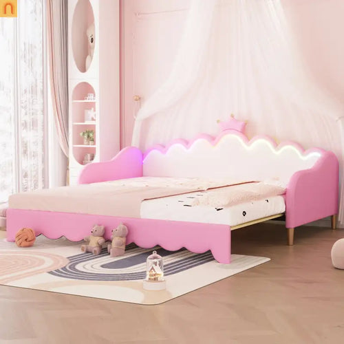 Bed Frame Twin Extending Pink Crown Headboard LED Remote 500 lb
