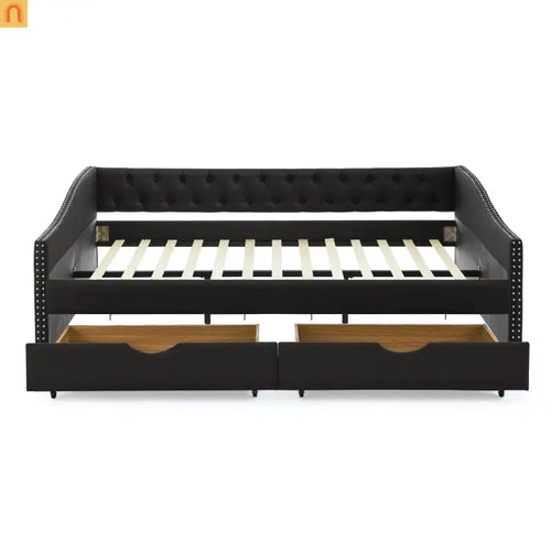 Bed Frame Daybed Linen Black Queen Button Tufted Drawers 500 lb