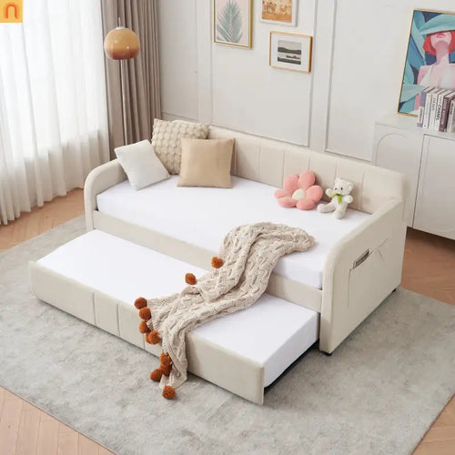 Bed Frame Daybed Twin Velvet Beige Roll-Out Trundle 250 lb