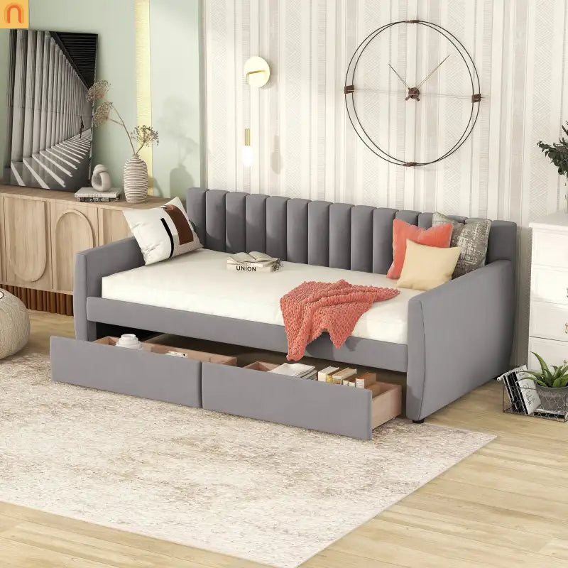 Bed Frame Daybed Velvet Gray Twin Storage Drawers Wood Slats 79in