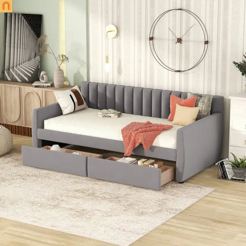 Bed Frame Daybed Velvet Gray Twin Storage Drawers Wood Slats 79in