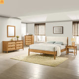 Bedroom Set Queen Walnut Corduroy Headboard Dresser Nightstand 5pc