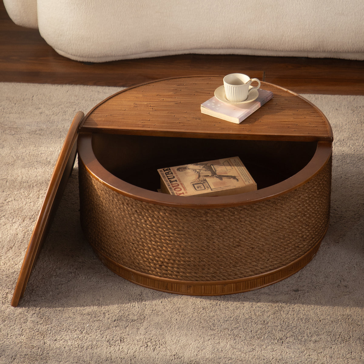 Round Engineered Wood Coffee Table with Storage Natural
