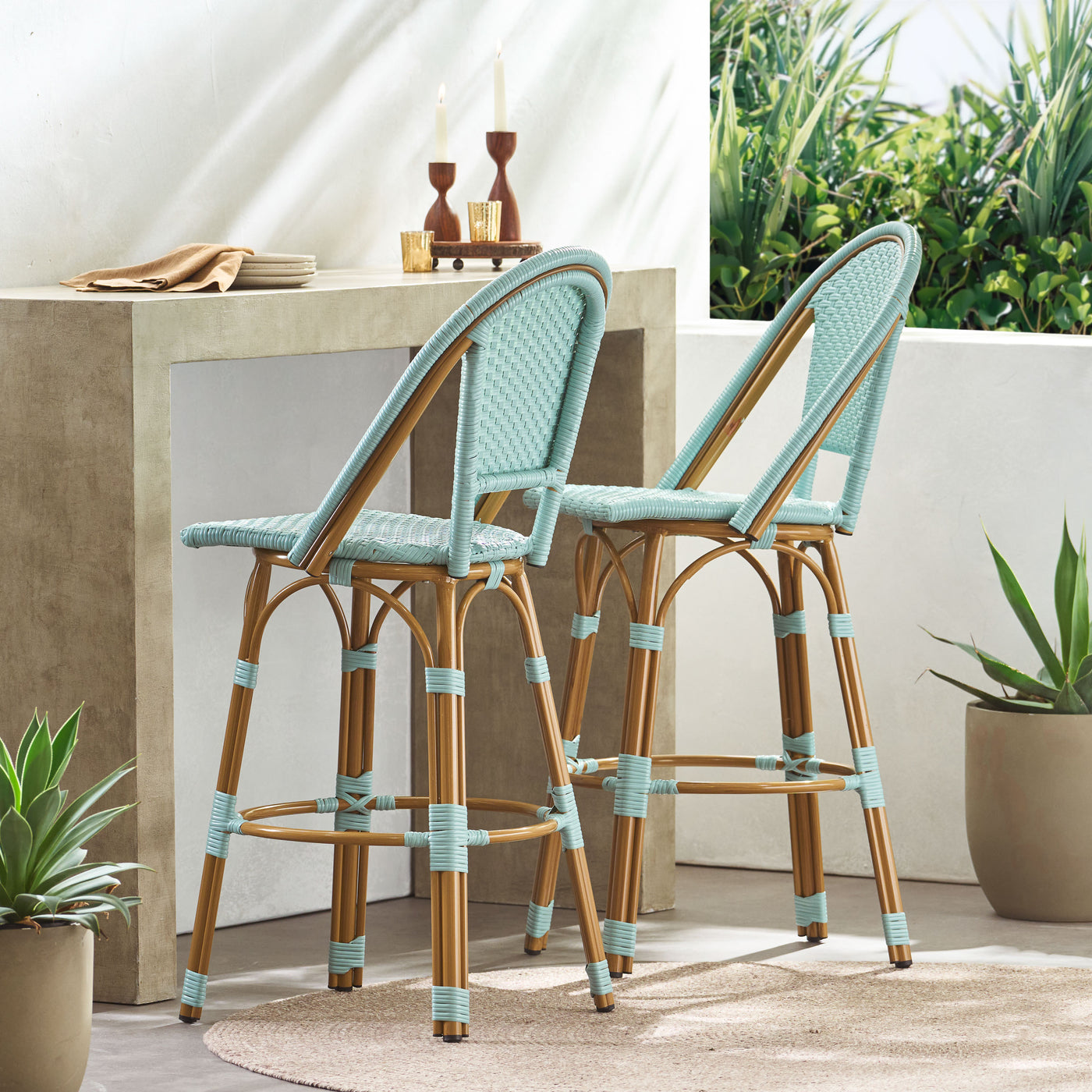 29.5 Inch Outdoor PE Rattan Aluminum French Barstools, Set of 2, Light Teal