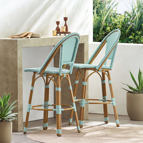 29.5 Inch Outdoor PE Rattan Aluminum French Barstools, Set of 2, Light Teal