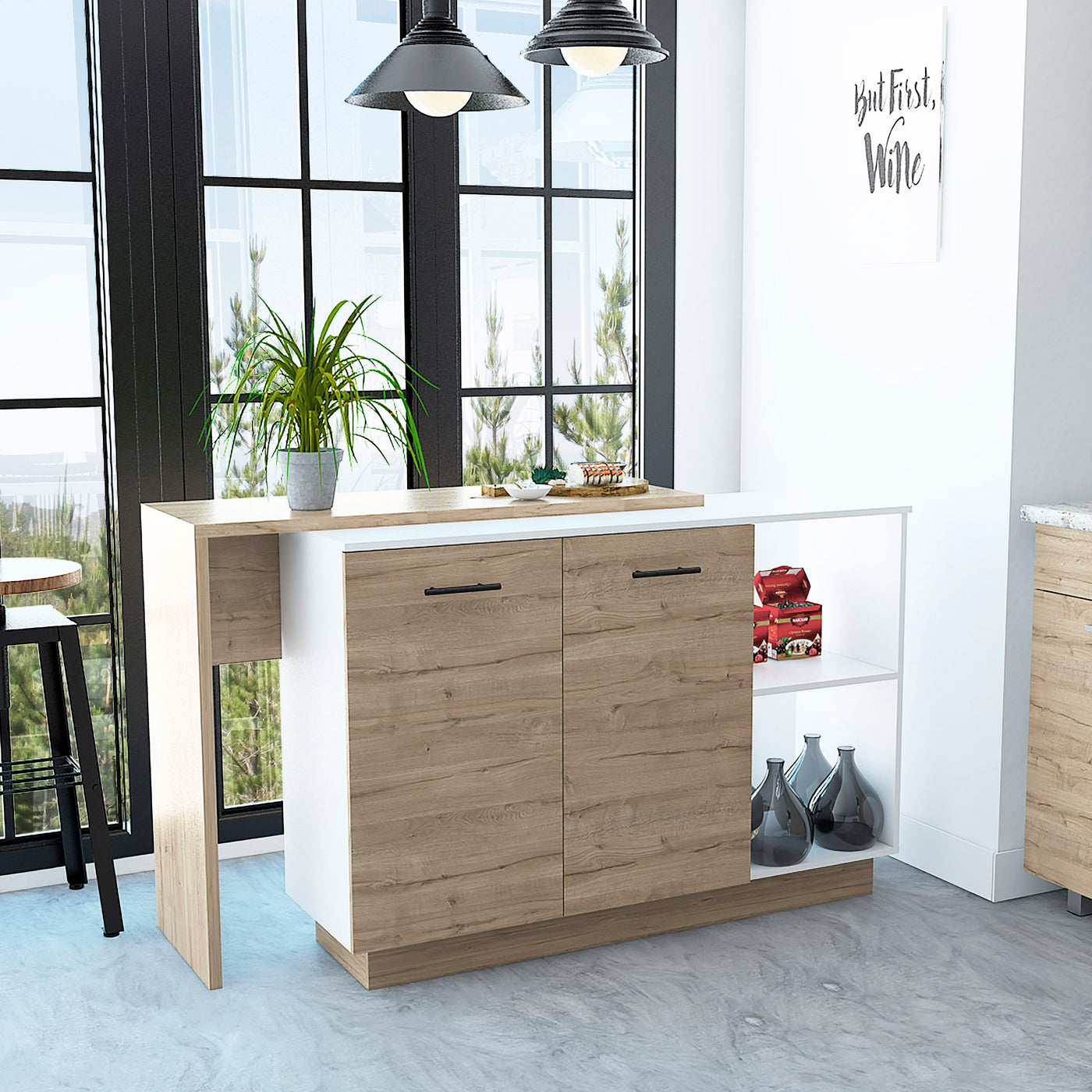 Sicilia White Light Oak Kitchen Island Cabinet with Shelves