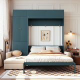 Queen Size Murphy Bed with Sofa and Shelves Green Panel