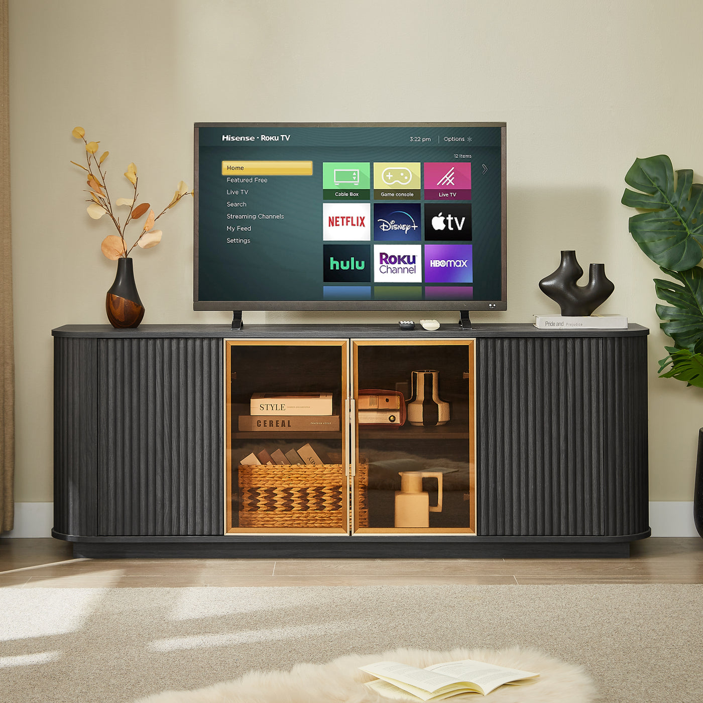 Modern 64" Wavy TV Cabinet with LED Lights Black
