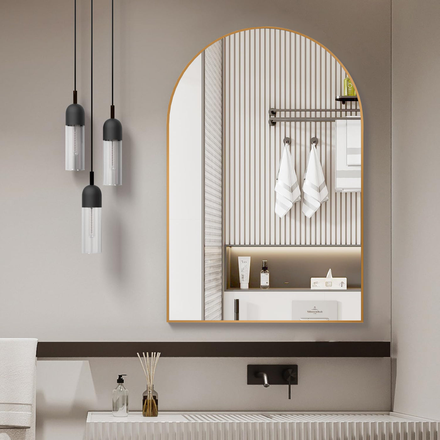 24x32" Gold Arched Bathroom Wall Mirror