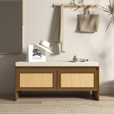PP Rattan Storage Bench with Cushion, Faux Rattan Shoe Cabinet with 2 Doors