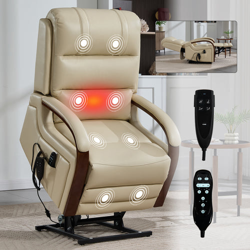 Lift Recliner Chair Power Chenille Beige Heat Massage Dual Motor 350 LB