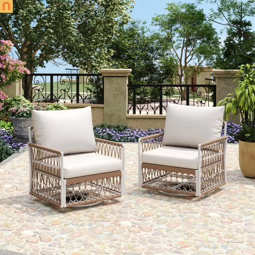 Outdoor Swivel Lounge Chair Rope Steel Beige Set of 2