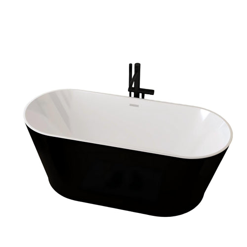 59in Glossy Black Acrylic Freestanding Soaking Tub with Chrome Drain, cUPC