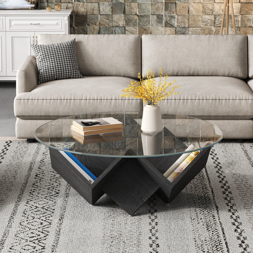Round Coffee Table Glass Top Geometric Art Deco Base Black 35.4