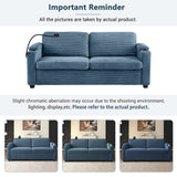 Navy Blue Corduroy Sleeper Sofa with USB Ports and Cup Holders