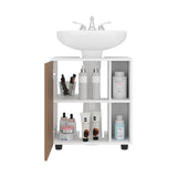 Under Sink Bathroom Cabinet with Side Shelves, White and Oak