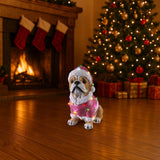 Christmas Pug Statue, Holiday Dog Figurine in Pink Santa Outfit