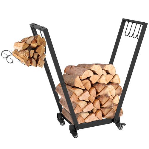 31 Inch Firewood Rack with Casters and Tool Hooks