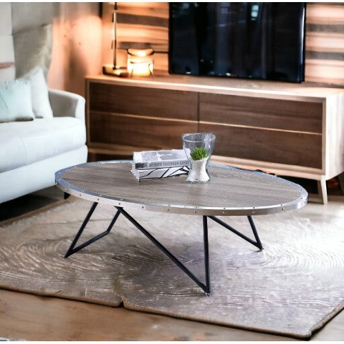 Oval Coffee Table - Industrial - Weathered Gray Oak & Metal