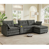 Sectional Sofa L-Shape Corduroy Gray 4 Seat USB Ports Ottoman 119 In
