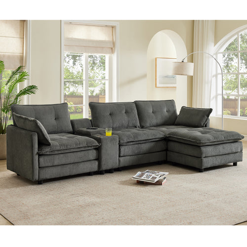 Sectional Sofa L-Shape Corduroy Gray 4 Seat USB Ports Ottoman 119 In