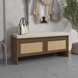 PP Rattan Storage Bench with Cushion, Faux Rattan Shoe Cabinet with 2 Doors
