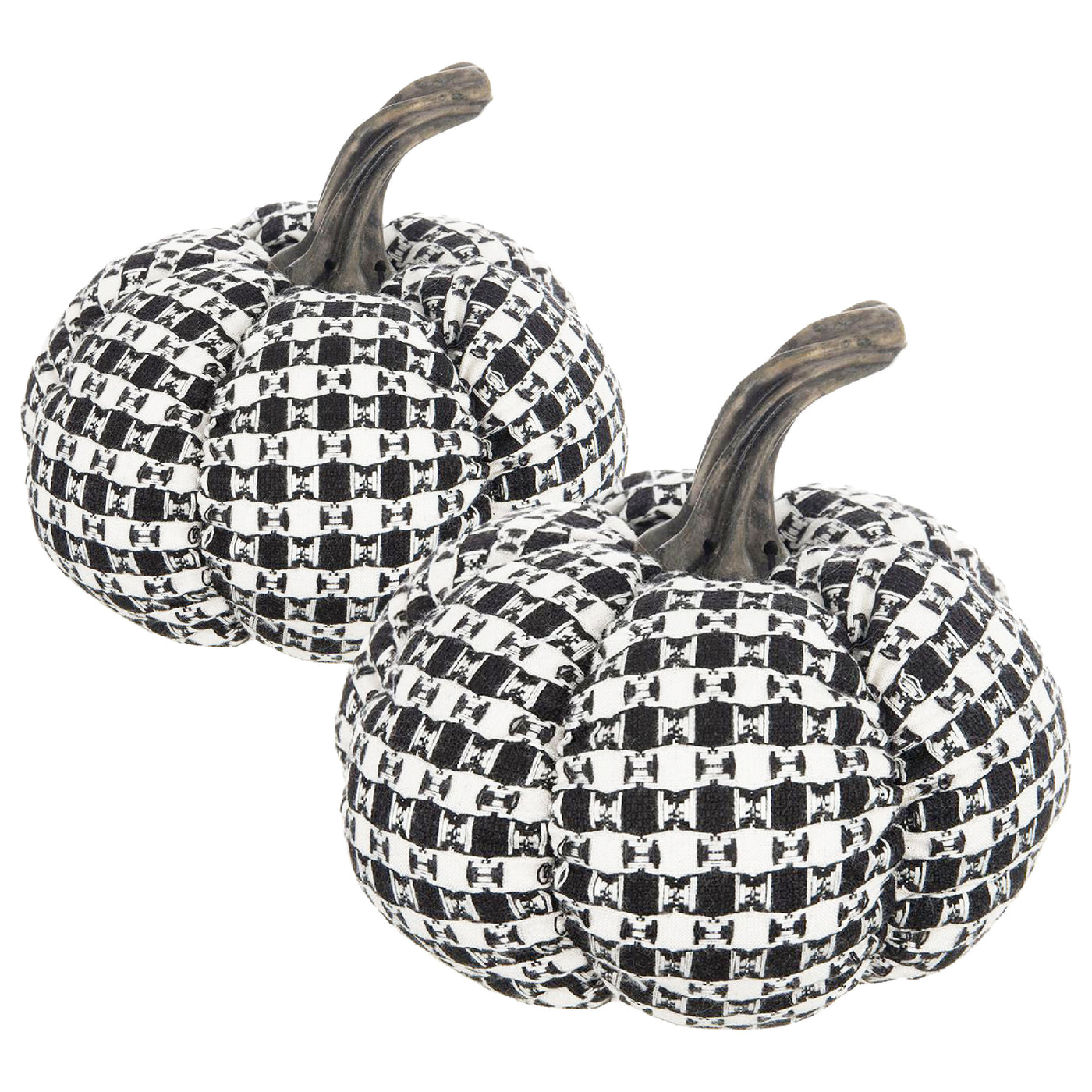 Set of 2 Black-White Plaid Fabric Pumpkin Halloween Decor 7x7x6.7