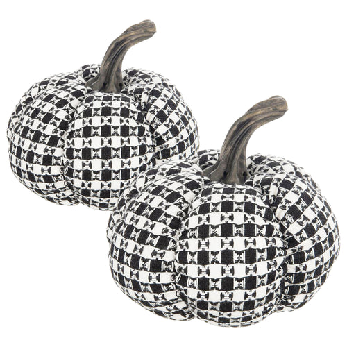 Set of 2 Black-White Plaid Fabric Pumpkin Halloween Decor 7x7x6.7